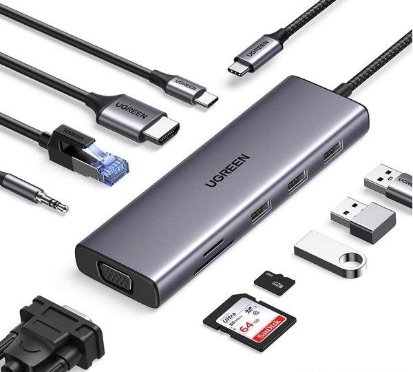 Bộ chuyển đổi USB-C sang 3*USB 3.0+HDMI+VGA+RJ45+SD-TF+3.5mm+PD Ugreen 15601