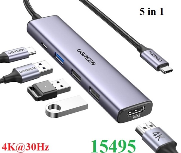 Bộ chuyển đổi Type C sang 2*USB-A 2.0 + USB-A 3.0+HDMI+PD hỗ trợ 4K Ugreen 15495